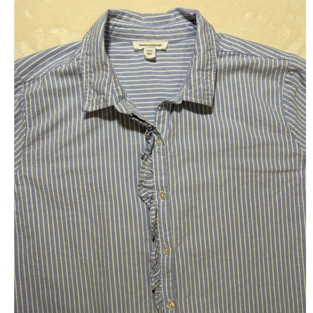 Beachlunchlounge Blue Striped Ruffle Front Button Down Womens Large Excellent